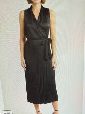 Vince Black Sleeveless Pleated Satin Wrap Midi Dress